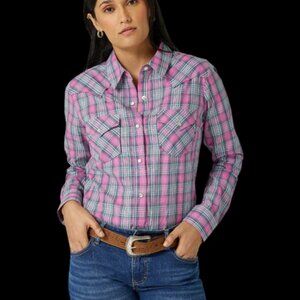Wrangler Womens Sz M Snaps Pink Gray Plaid Shirt Halloween Cowgirl Long Sleeved